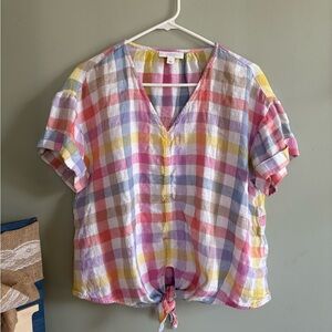 Charter Club Luxury Pastel Plaid Blouse 100% Linen